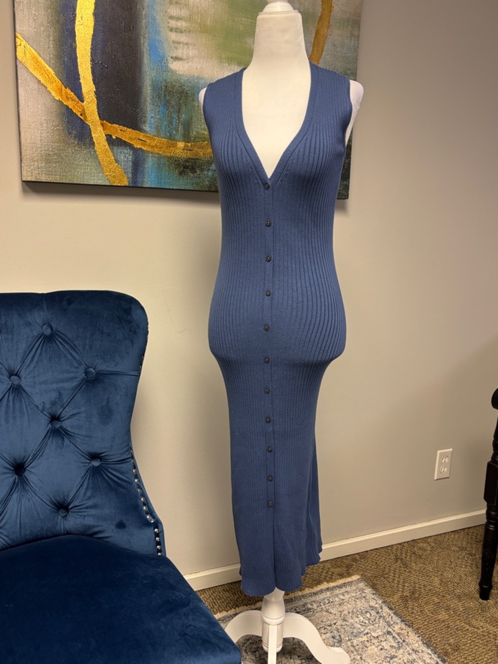 Calvin Klein Jeans Sleeveless Ribbed Button-Front Maxi Dress in Blue